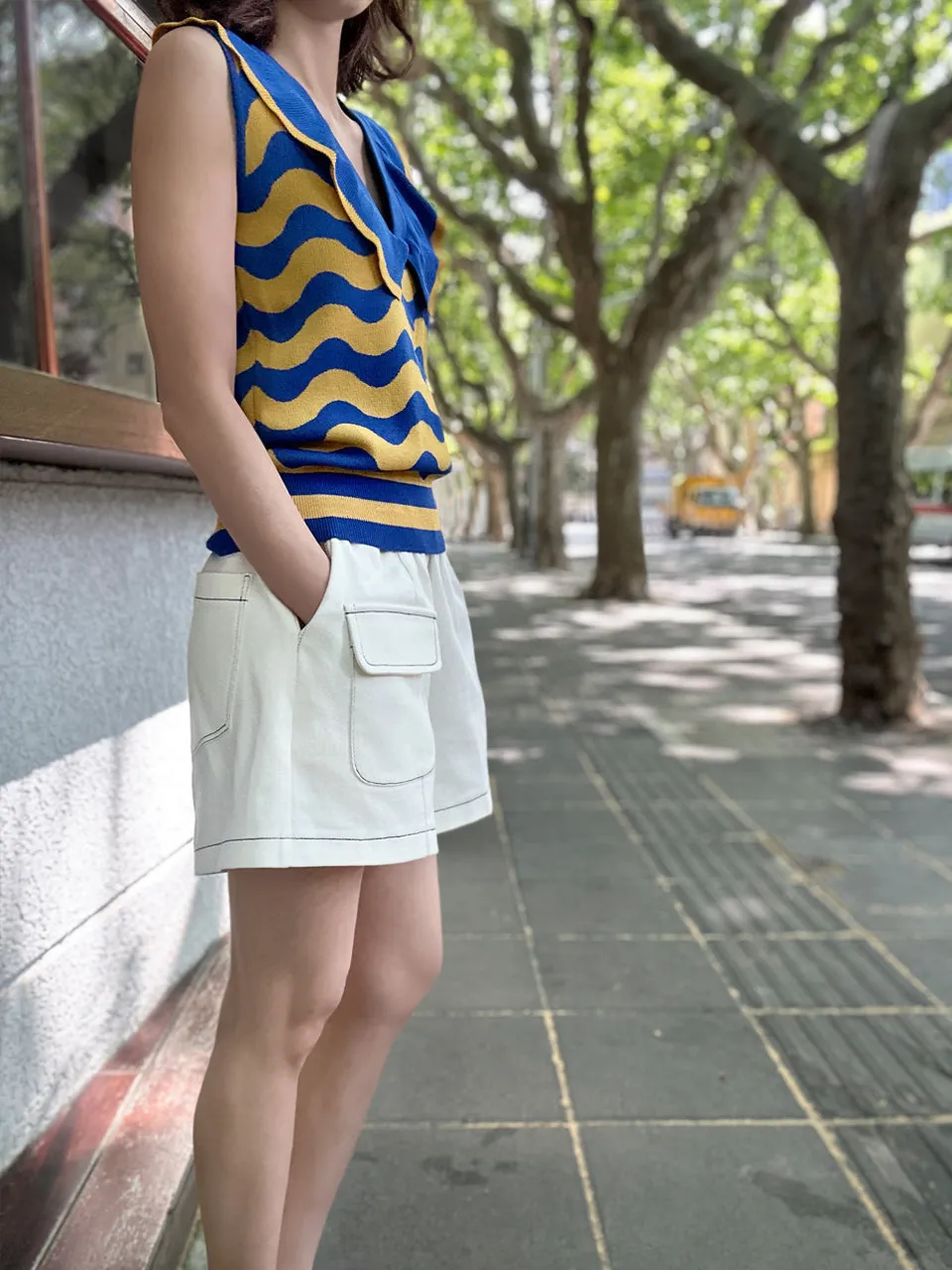 Blue/ Yellow Contrast Wavey Ruffle Collar Summer Knit Top