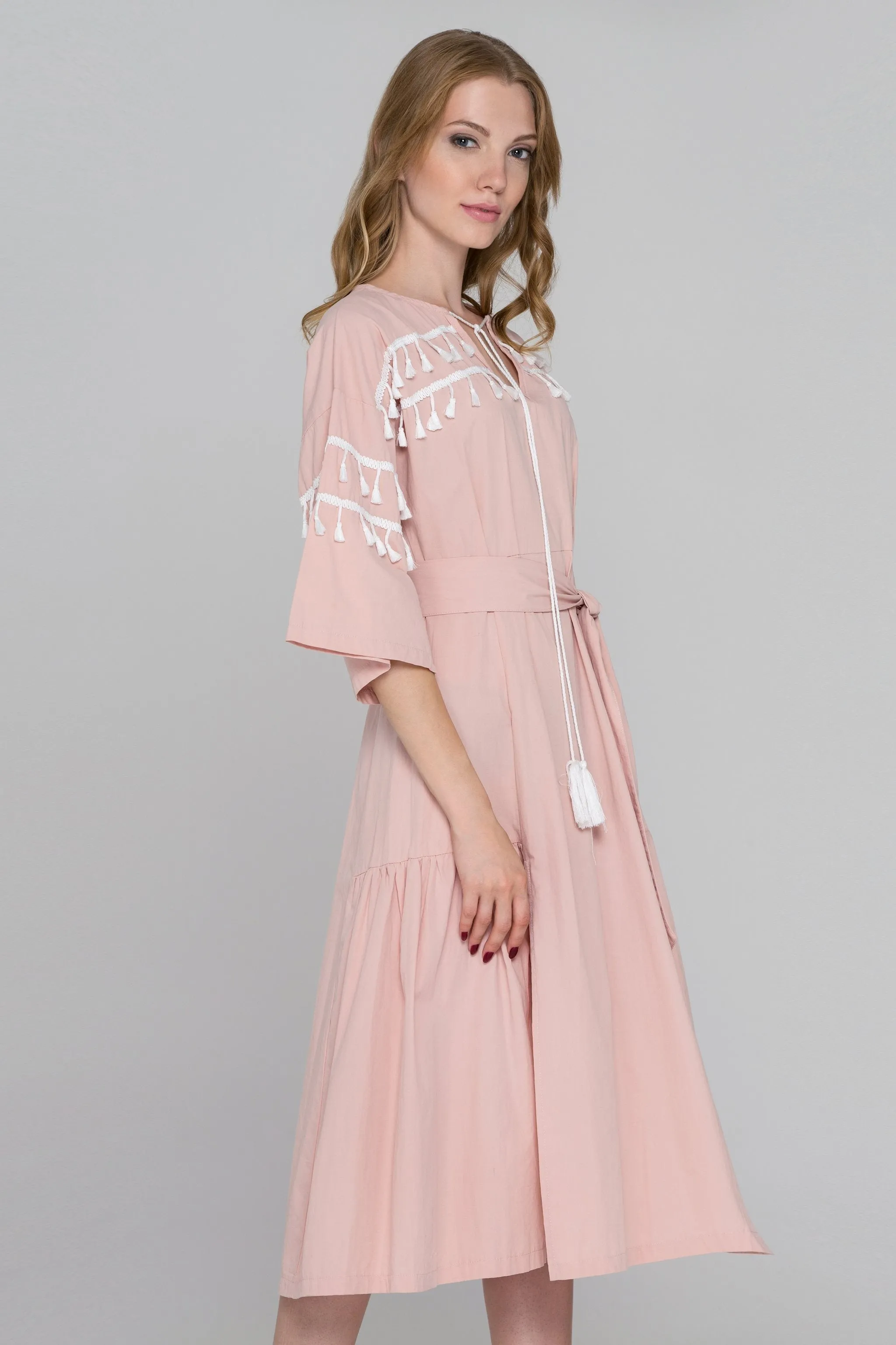 Blush and White Tassel Flare Sleeve Midi Dress