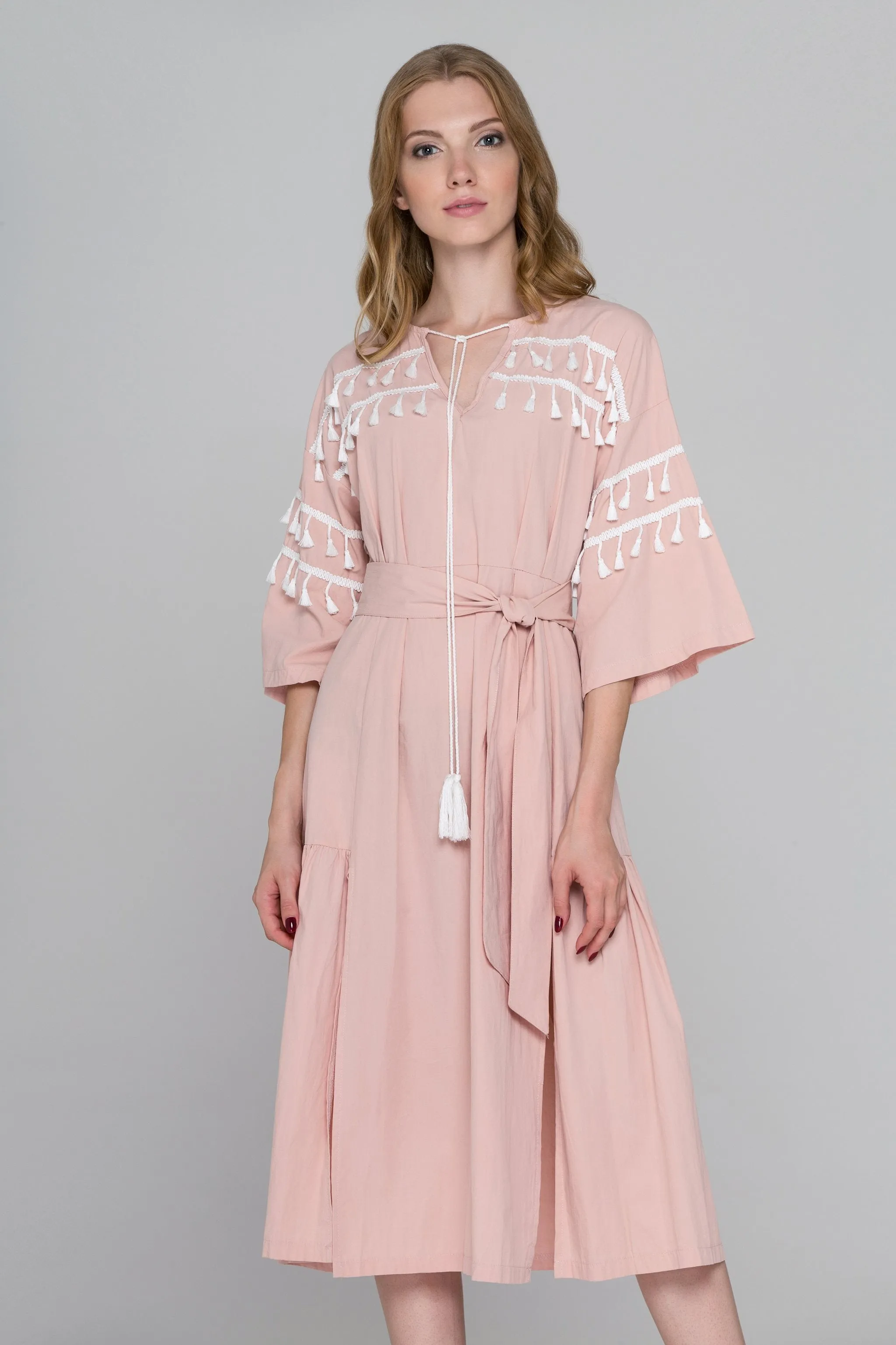 Blush and White Tassel Flare Sleeve Midi Dress