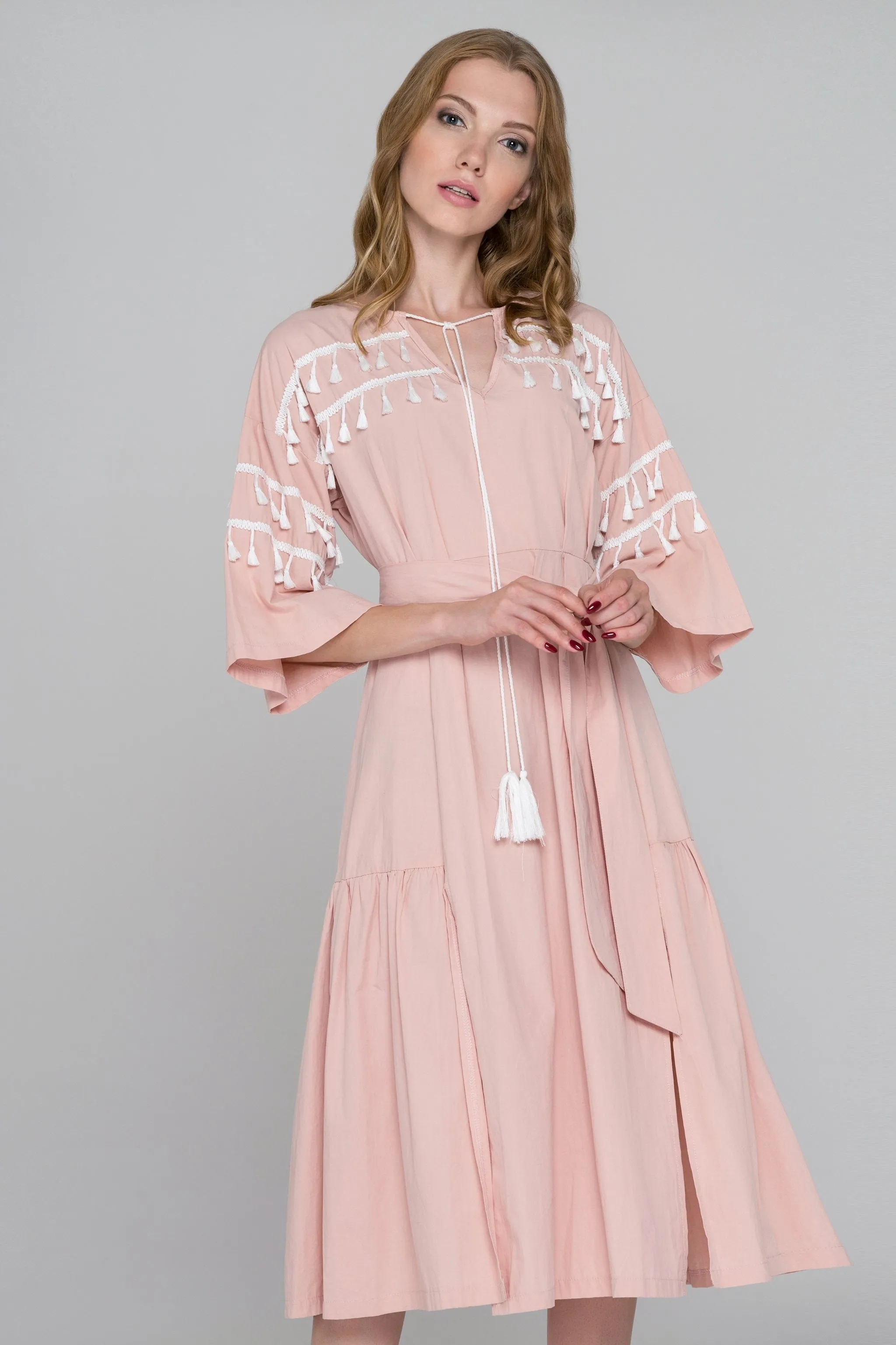 Blush and White Tassel Flare Sleeve Midi Dress