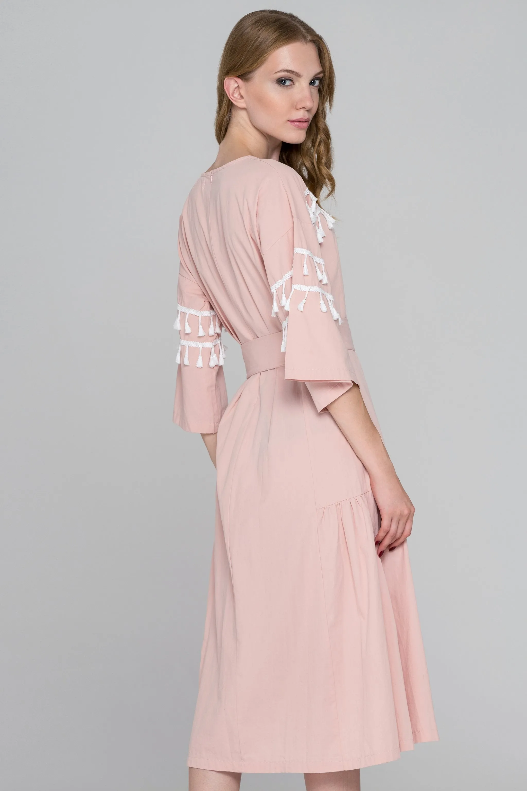 Blush and White Tassel Flare Sleeve Midi Dress