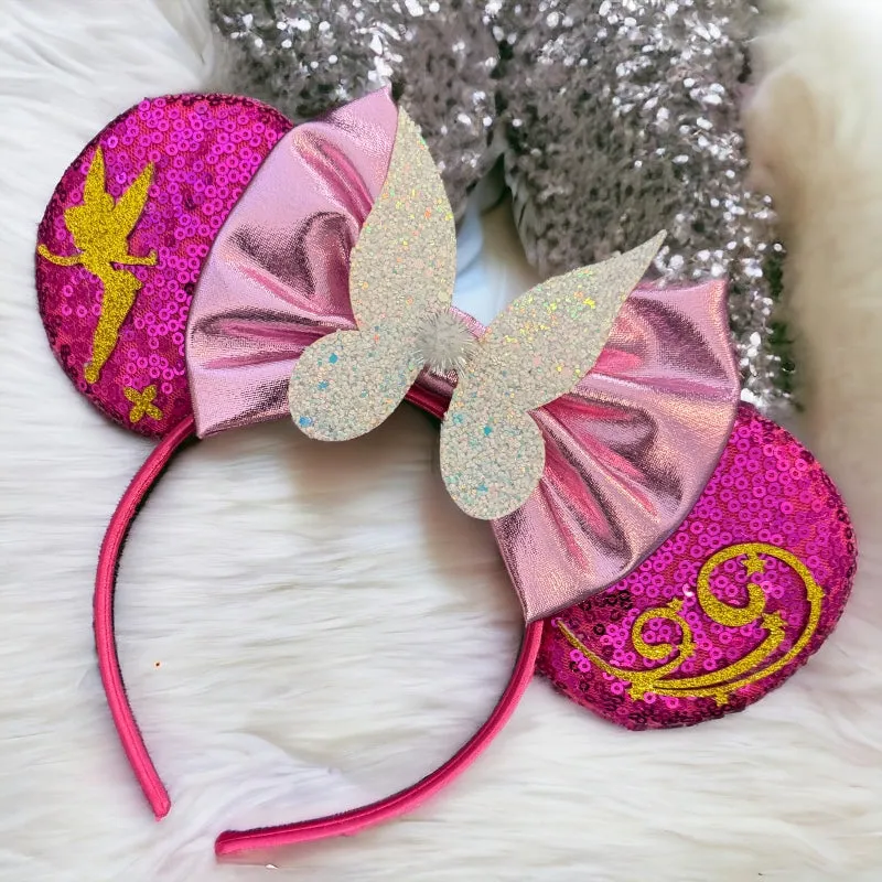 Brand New Tinkerbell Headband w/ Pink Sequin Bow & Gold Accents - Disney Inspired!