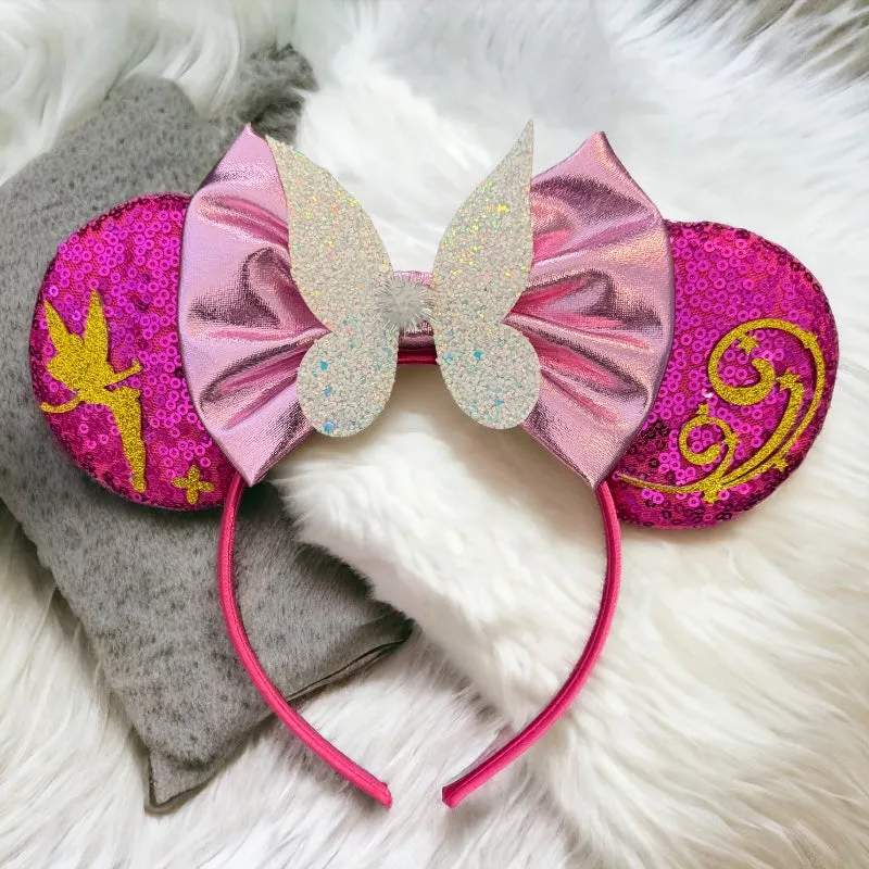 Brand New Tinkerbell Headband w/ Pink Sequin Bow & Gold Accents - Disney Inspired!