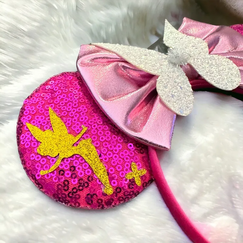 Brand New Tinkerbell Headband w/ Pink Sequin Bow & Gold Accents - Disney Inspired!