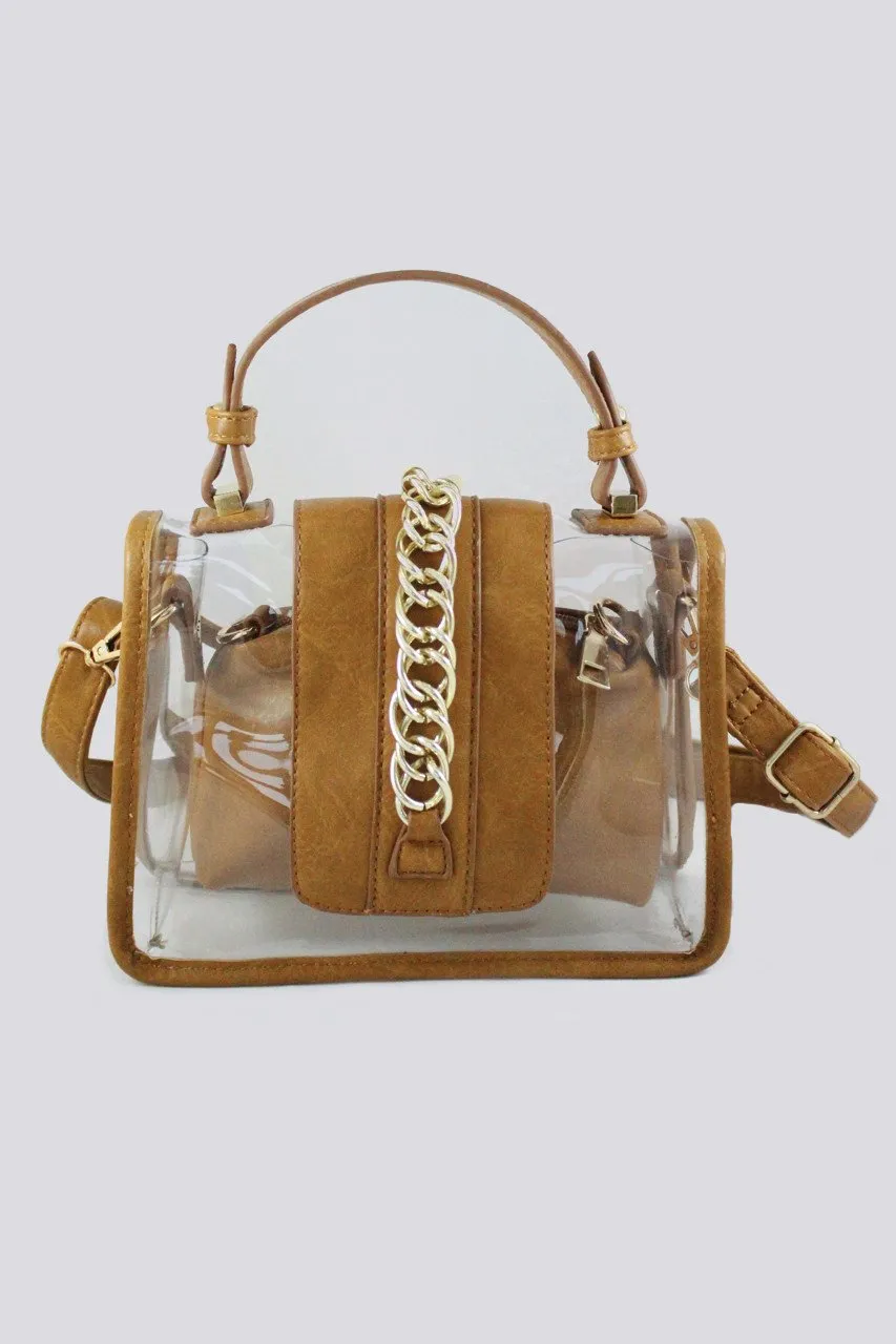 Brown Trim Chain Transparent Handbag