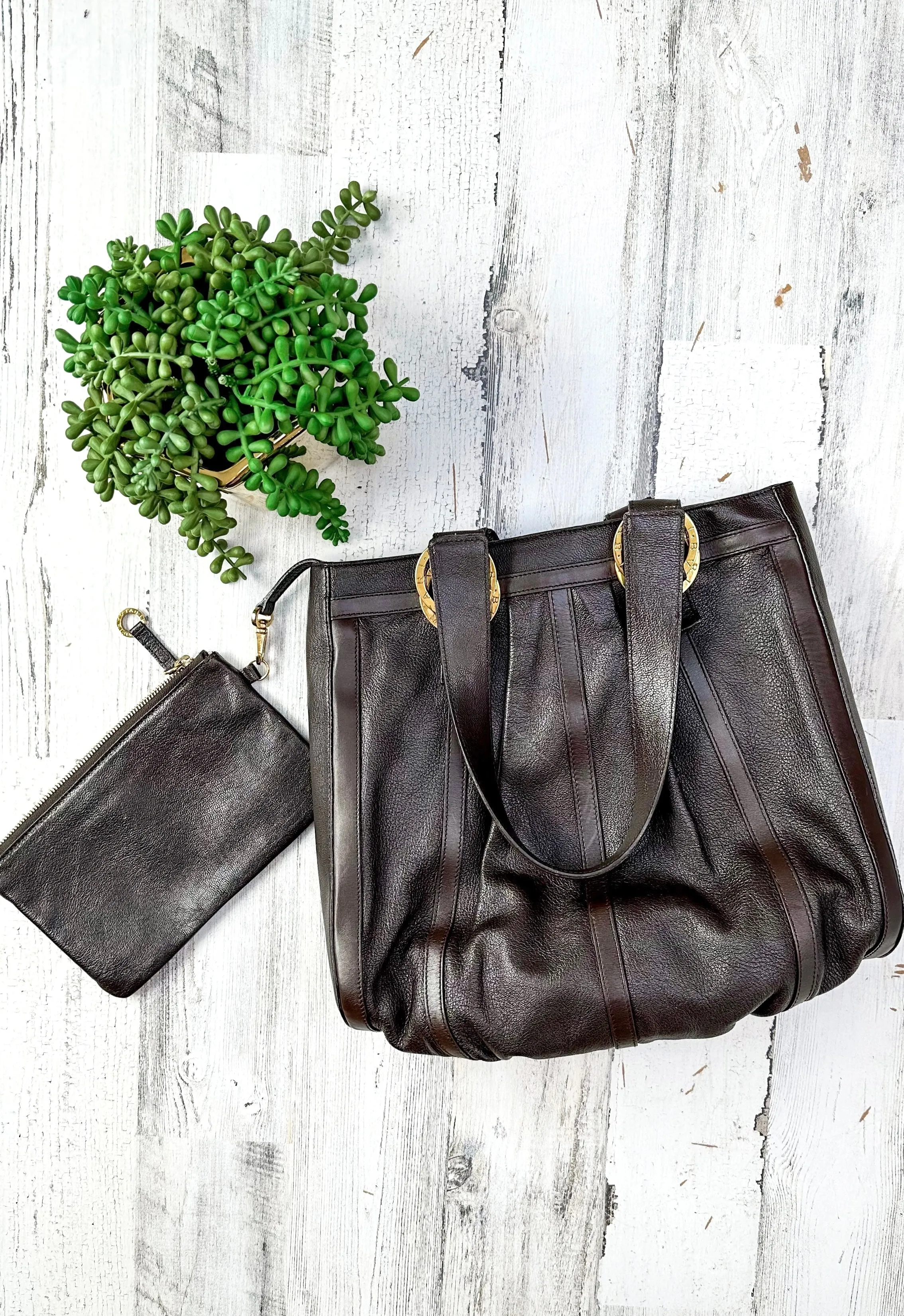 Bvlgari Brown Leather Wristlet & Tote Purse