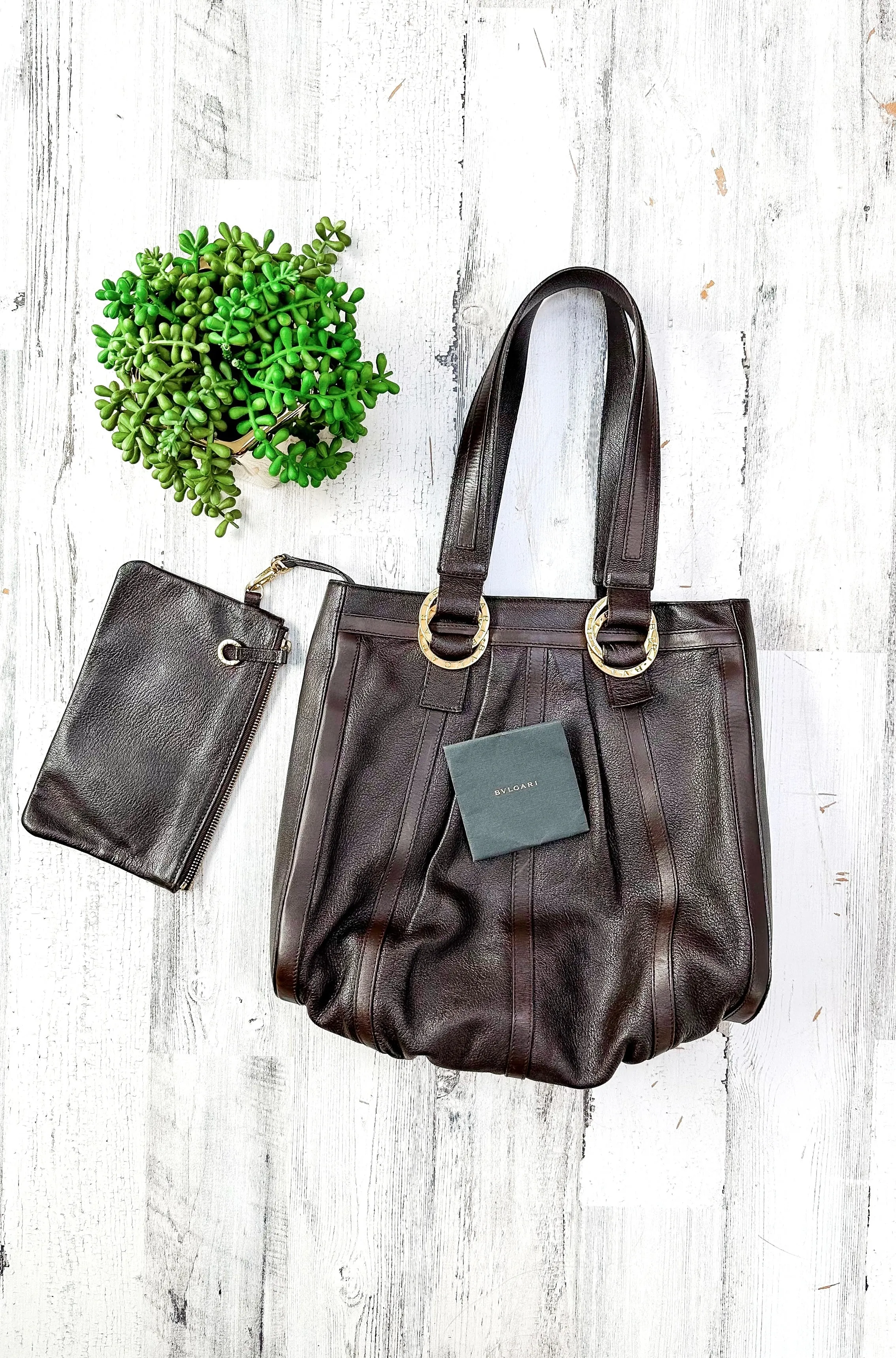 Bvlgari Brown Leather Wristlet & Tote Purse