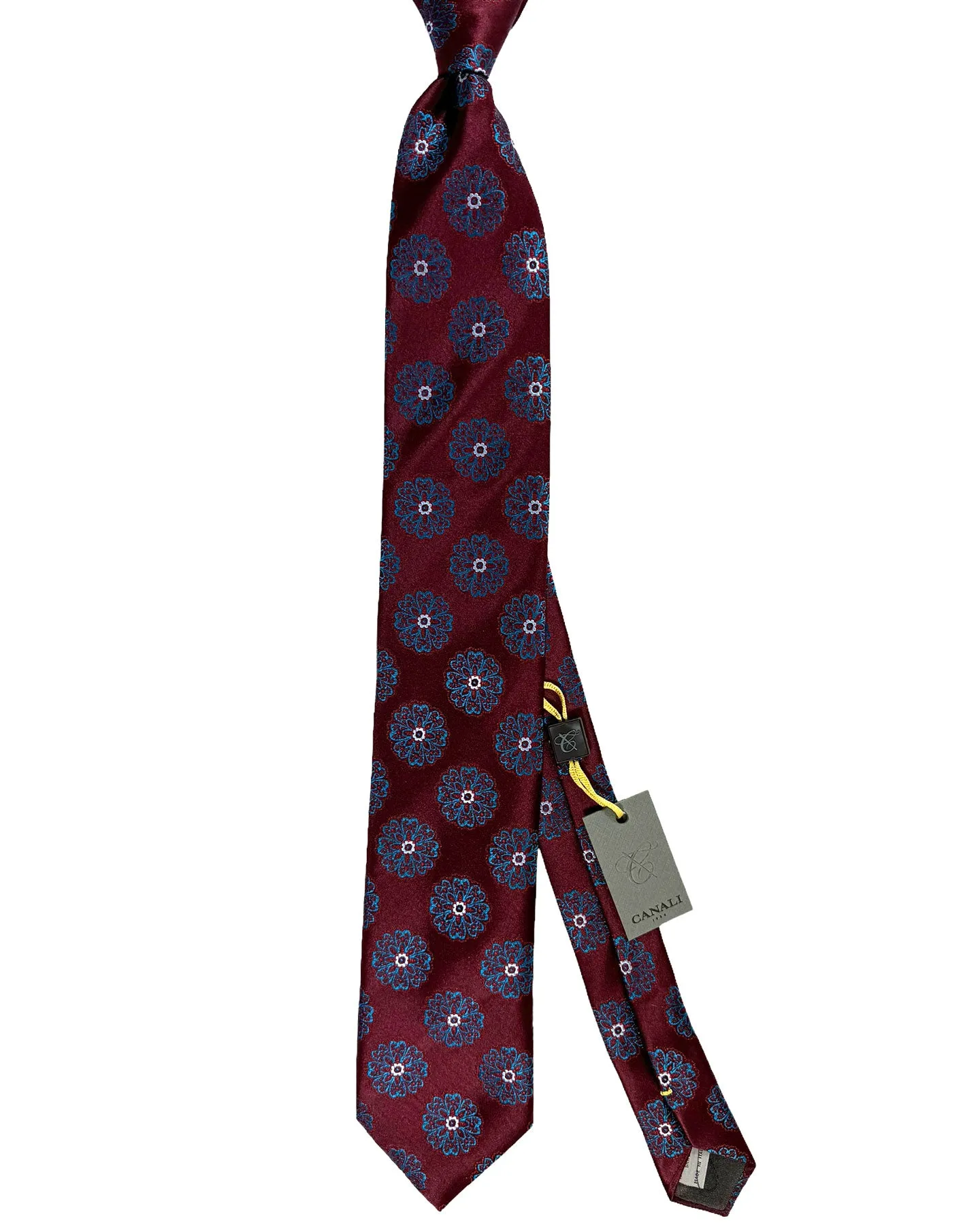 Canali Silk Tie Maroon Aqua Flowers Pattern