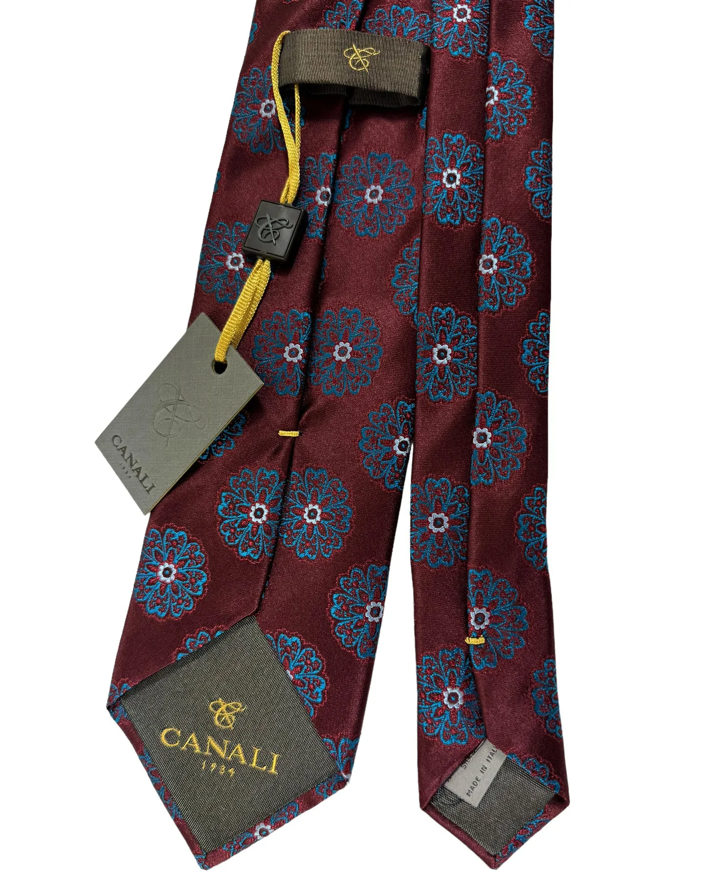 Canali Silk Tie Maroon Aqua Flowers Pattern