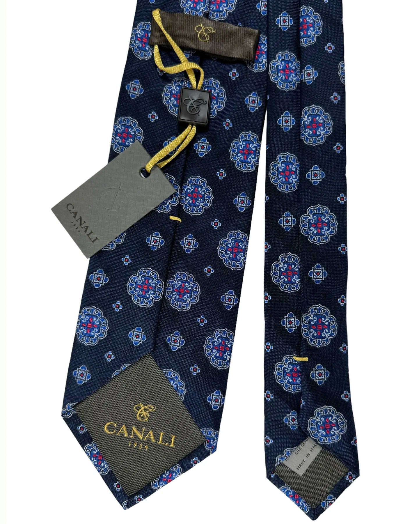 Canali Silk Tie Navy Blue Pink Medallions