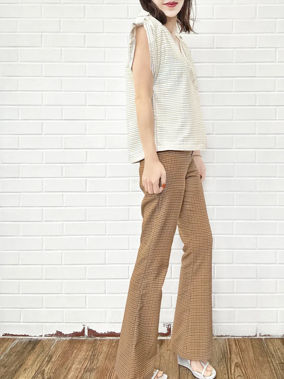 Caramel Check Plaid Flare Leg Stretch Cotton Blend Pants