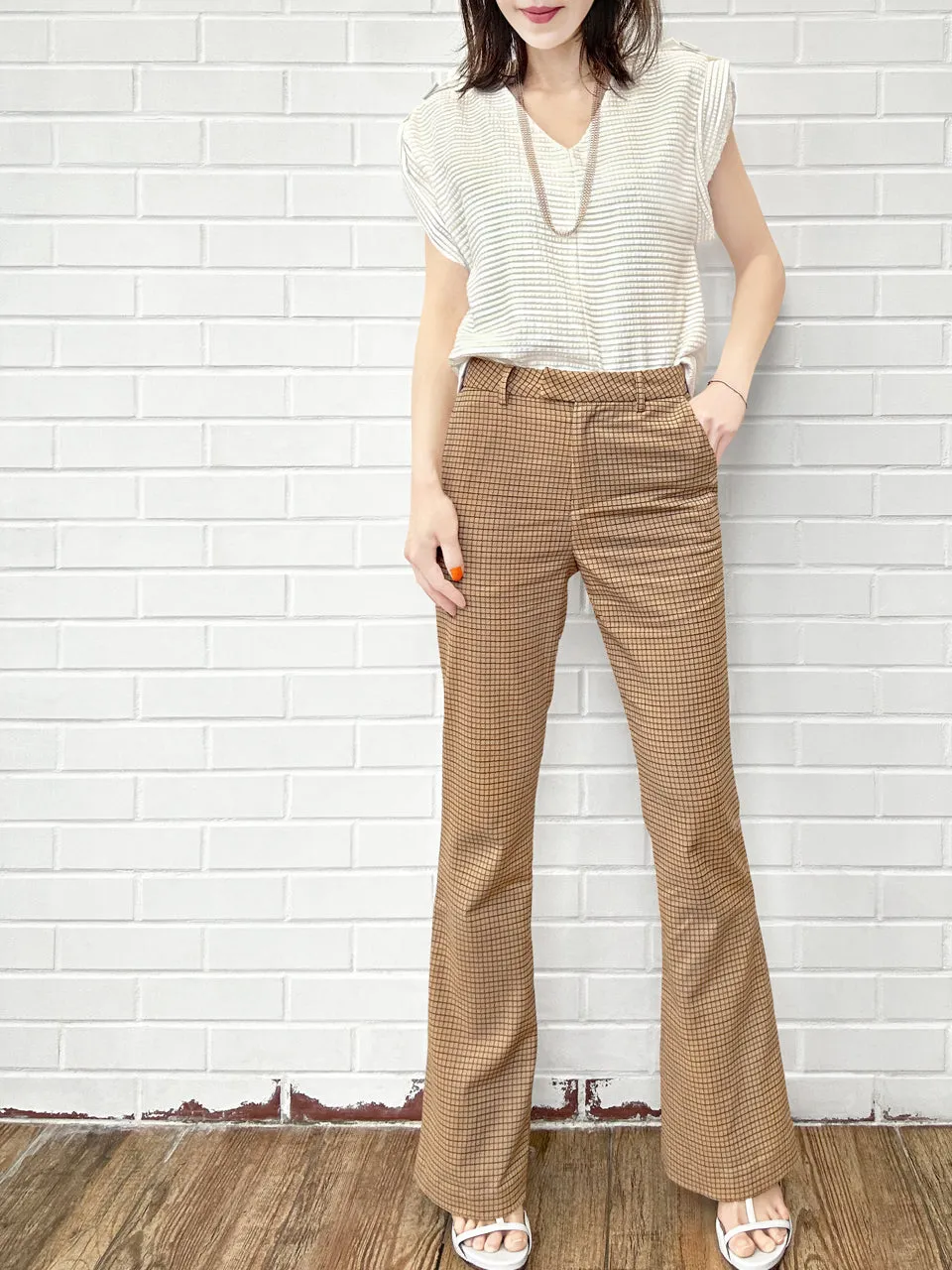 Caramel Check Plaid Flare Leg Stretch Cotton Blend Pants