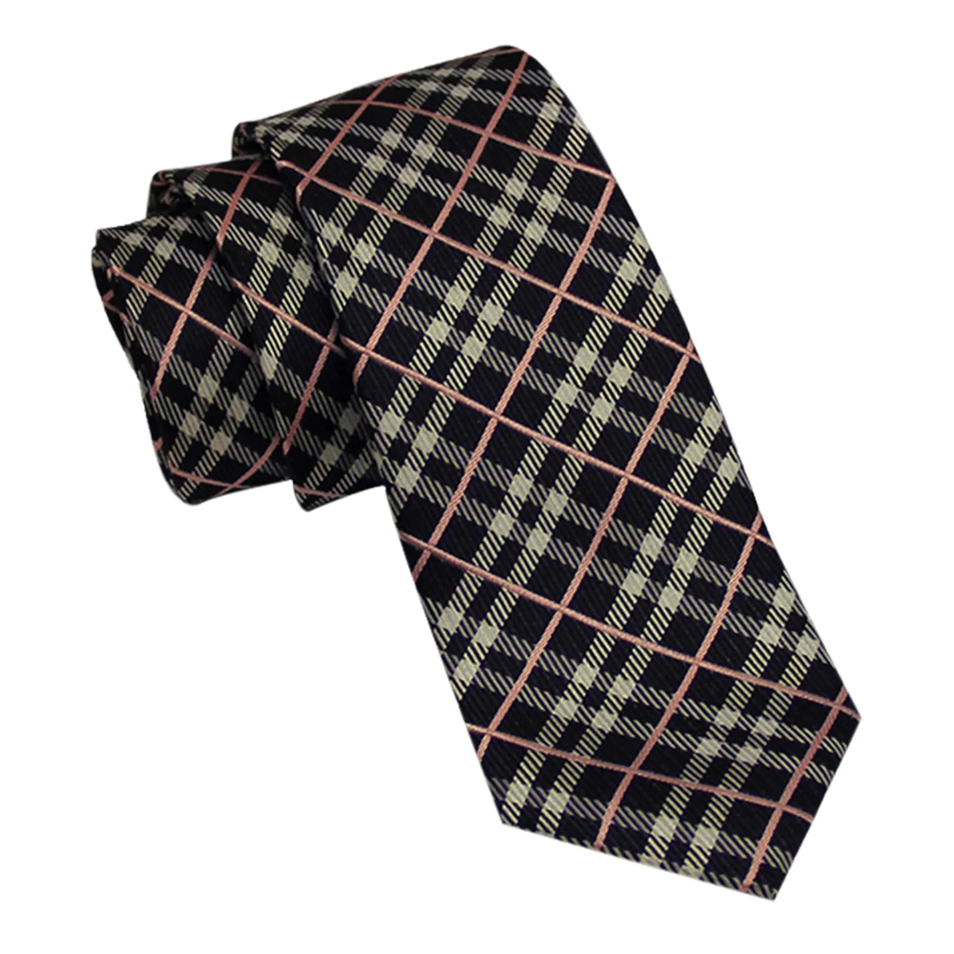 Chester Plaid Skinny Silk Tie, Black / Silver / Pink