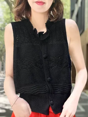 Classic Black Ruffle Collar Pattern-stitched Button Front Vest