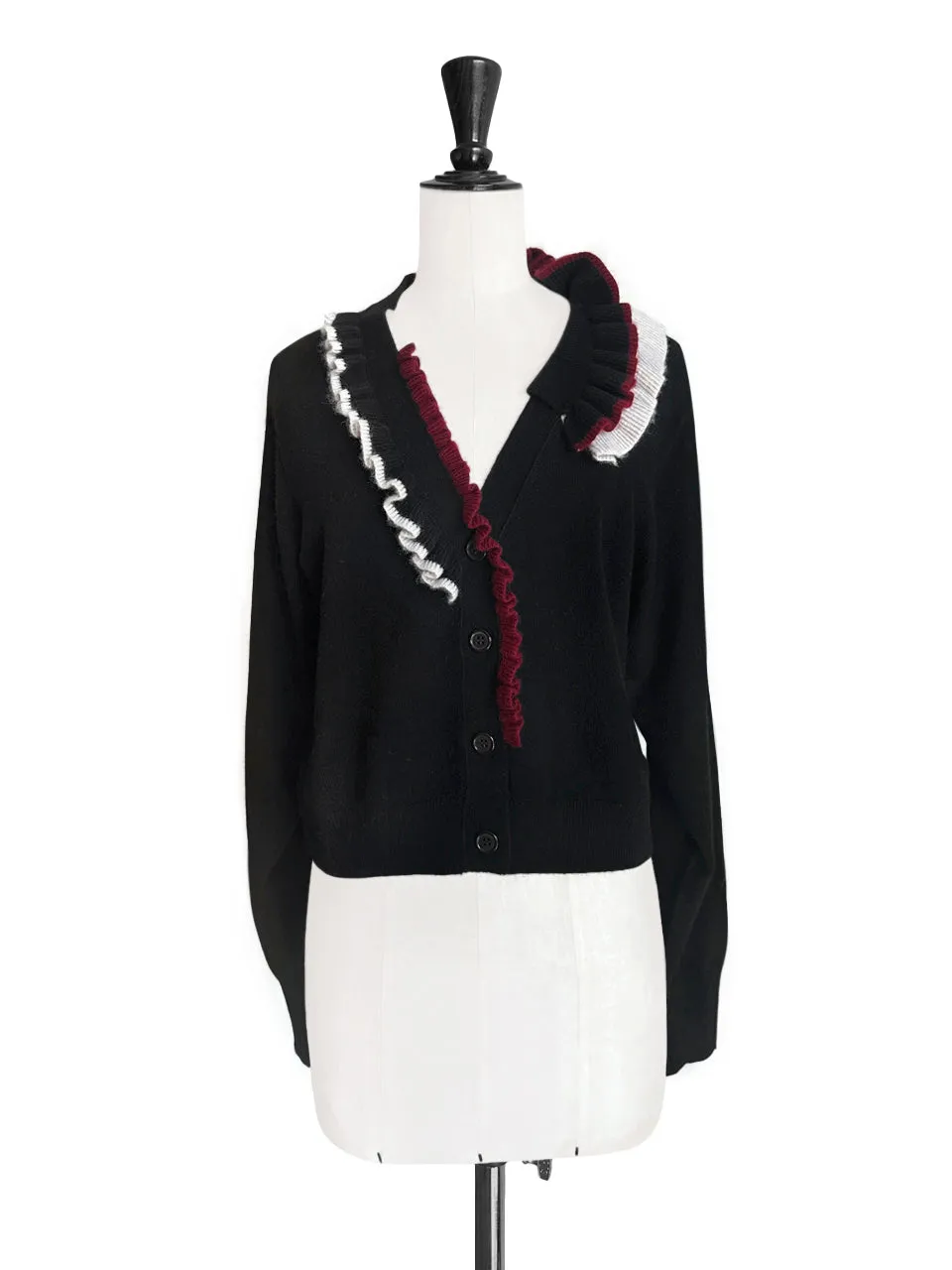 Classy Black Ruffles Collar Boxy V-Neck Woollen Cashmere Cardigan