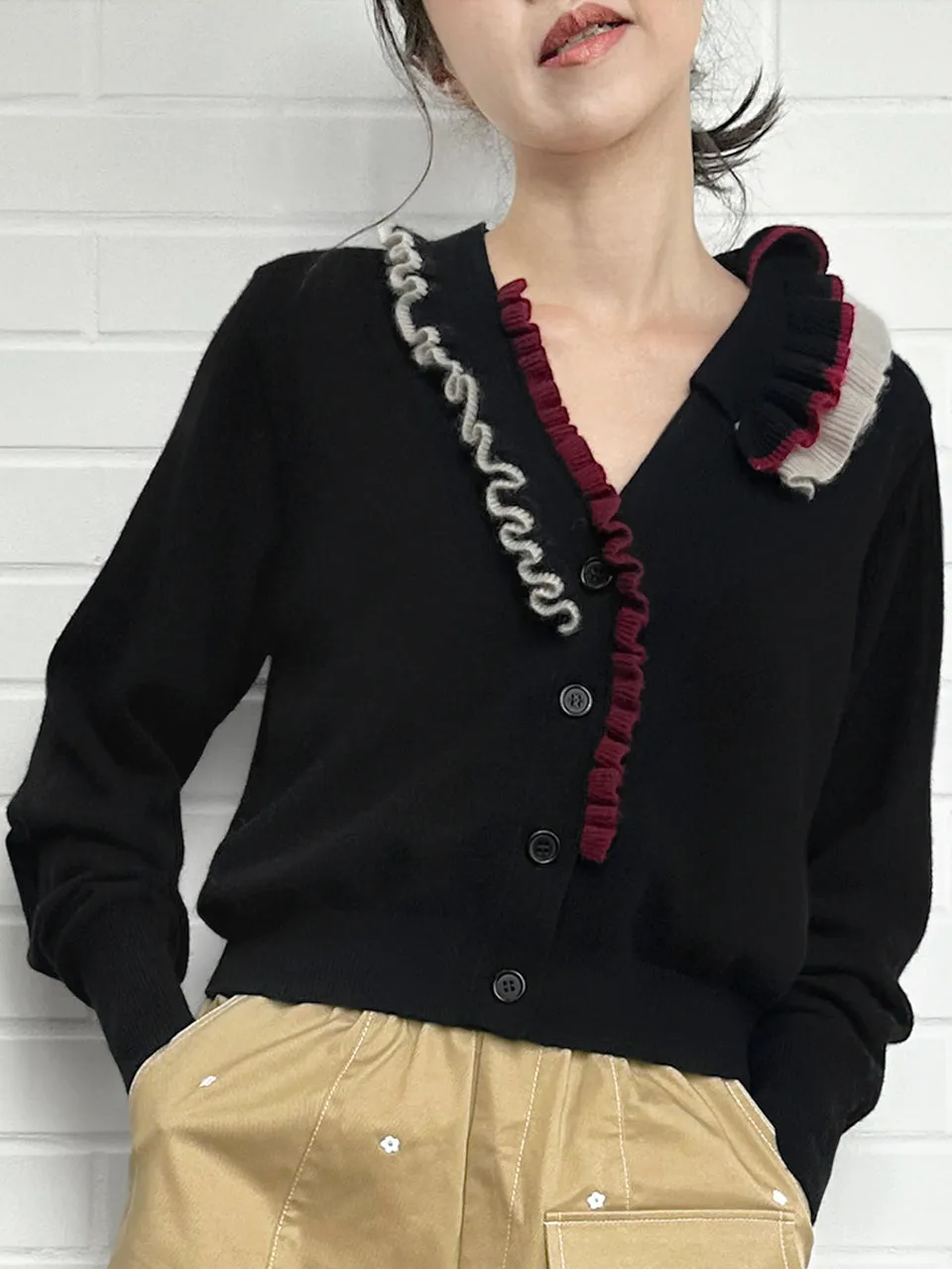 Classy Black Ruffles Collar Boxy V-Neck Woollen Cashmere Cardigan