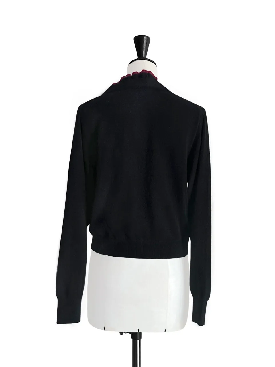 Classy Black Ruffles Collar Boxy V-Neck Woollen Cashmere Cardigan