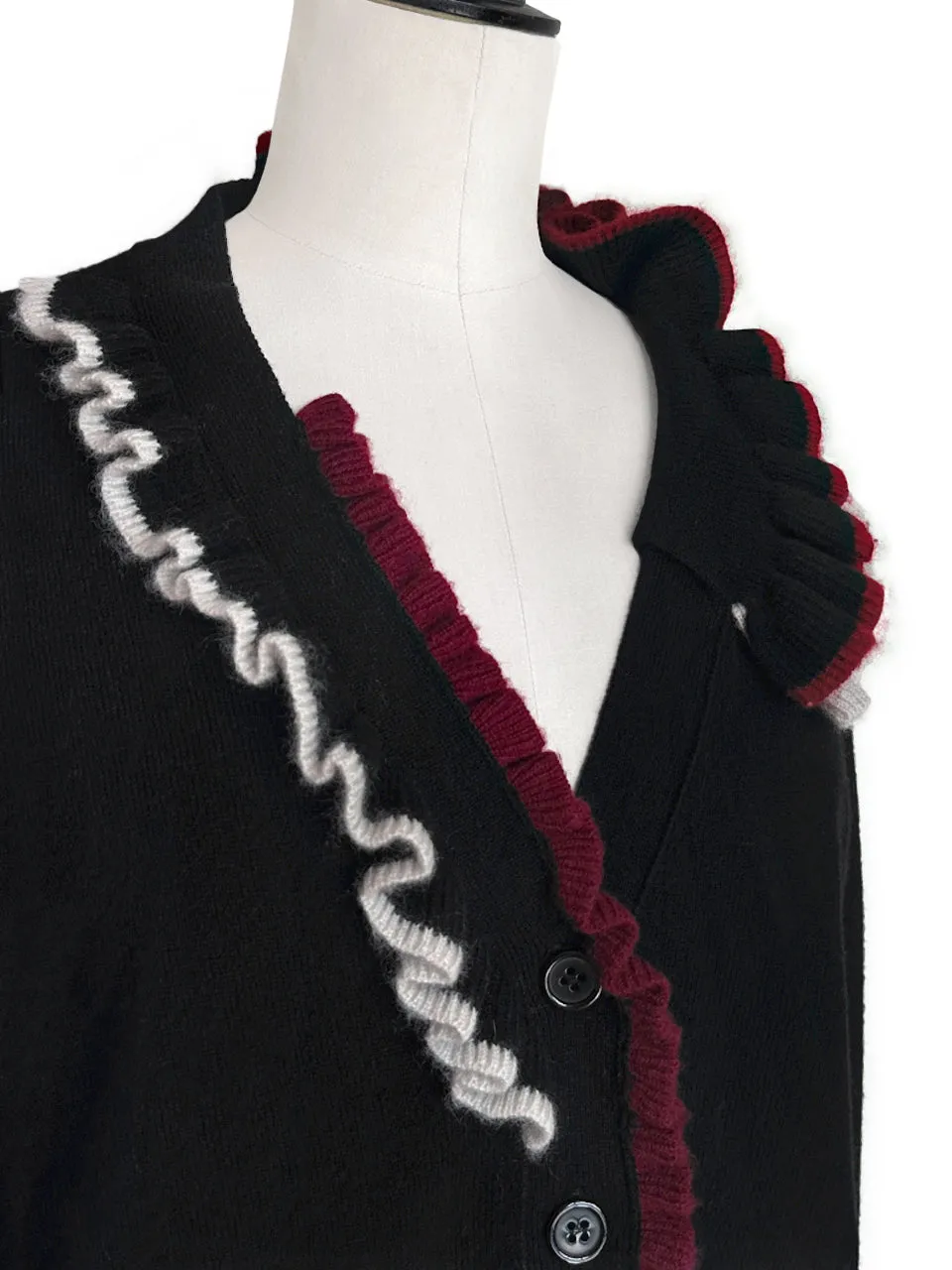 Classy Black Ruffles Collar Boxy V-Neck Woollen Cashmere Cardigan