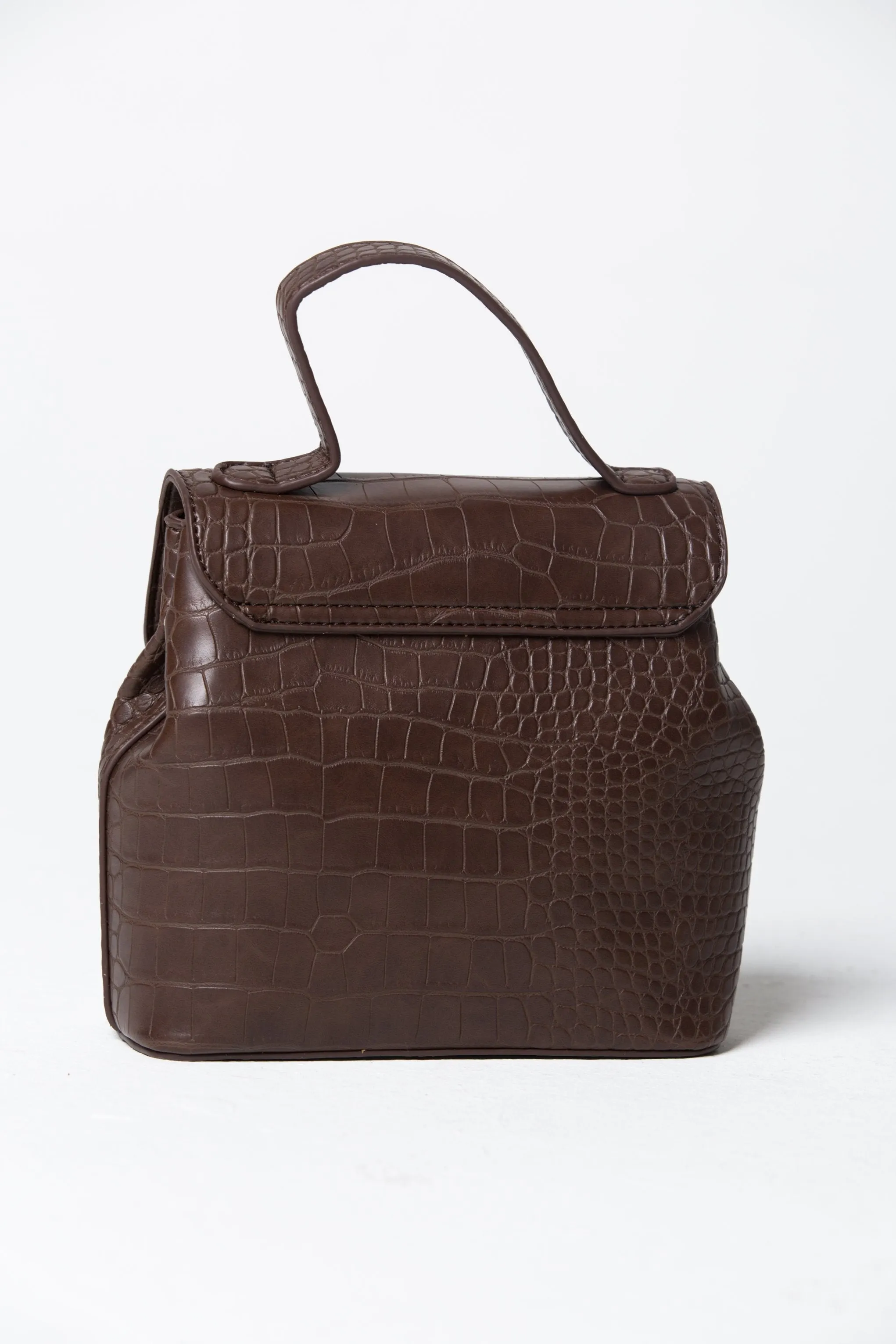 Coffee Brown Croc Detail Structured Handbag