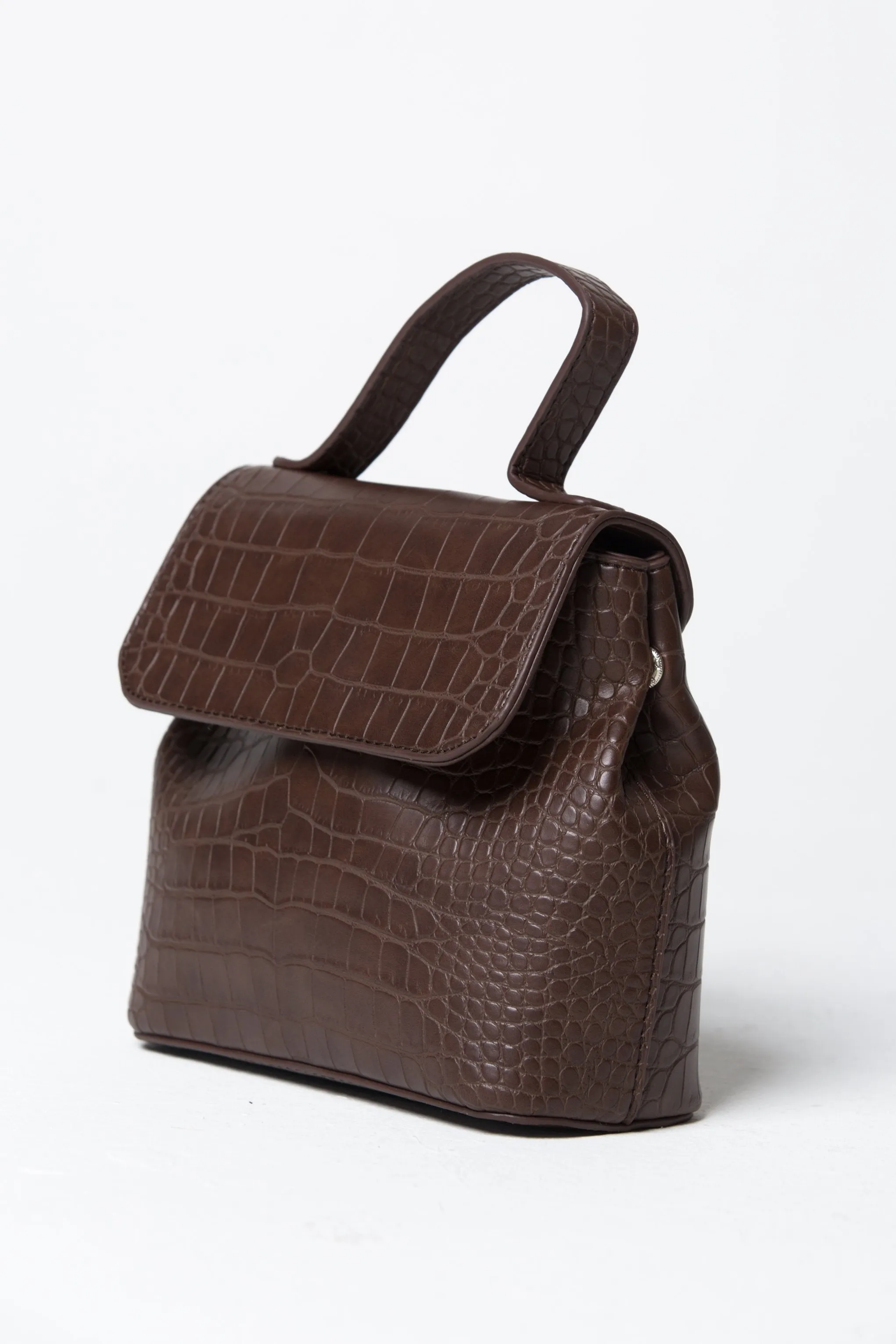 Coffee Brown Croc Detail Structured Handbag