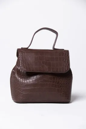 Coffee Brown Croc Detail Structured Handbag