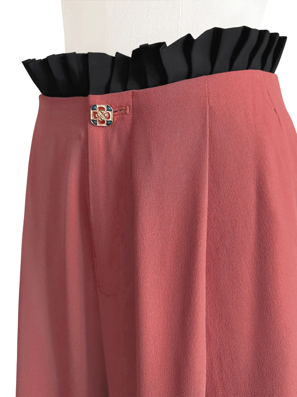 Coral/ Black Contrast Pleated Waist Airy Wide Leg Trousers