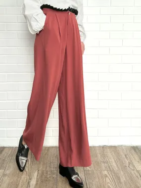 Coral/ Black Contrast Pleated Waist Airy Wide Leg Trousers