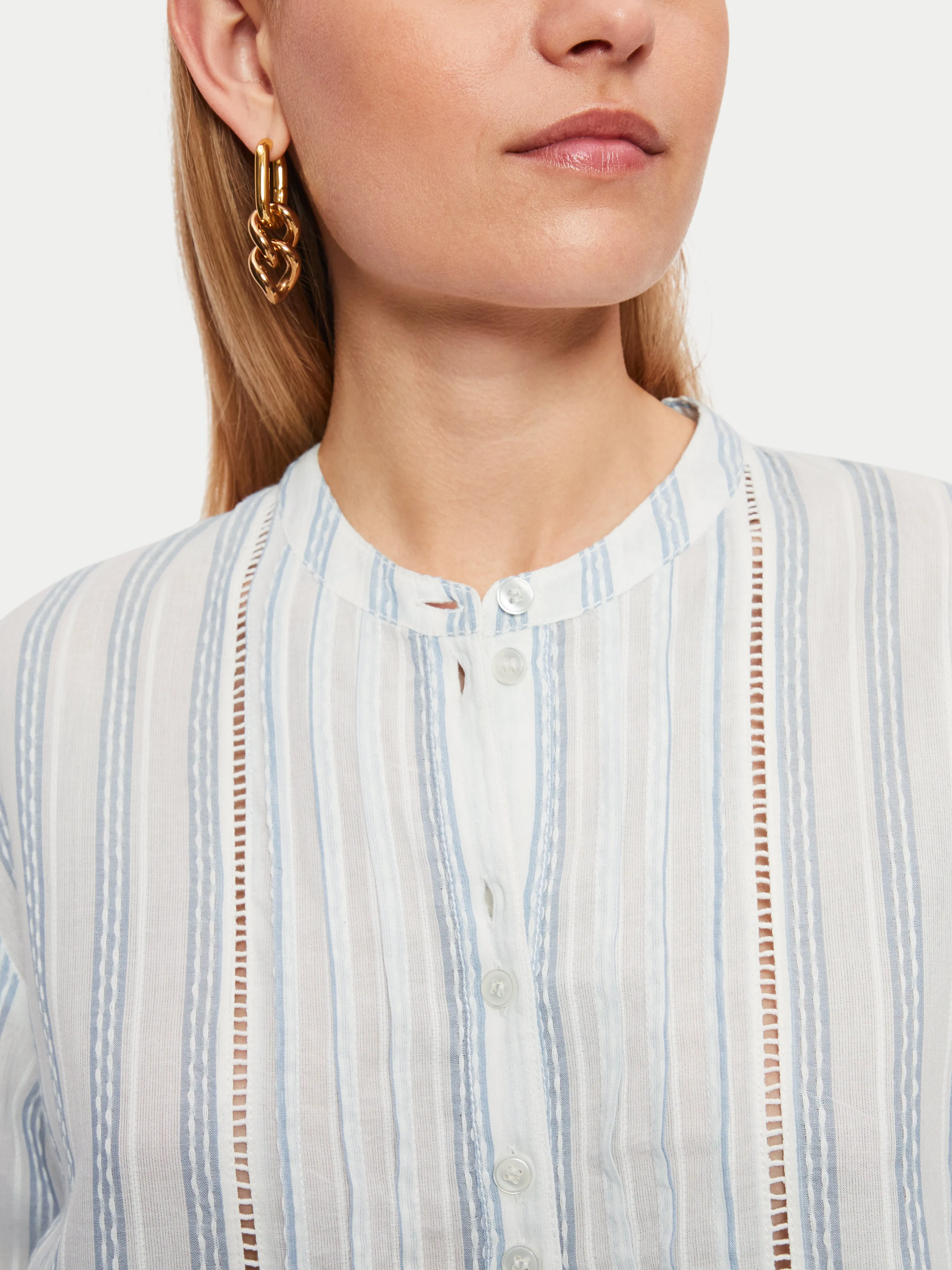 Cotton Stripe Broderie Shirt | Blue