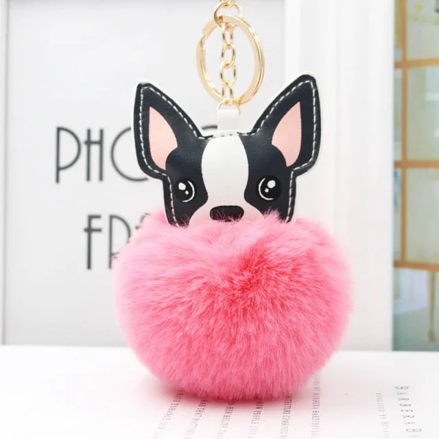 Cute Keychain with Pompom - Puppy Bulldog shape