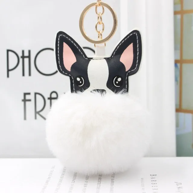 Cute Keychain with Pompom - Puppy Bulldog shape