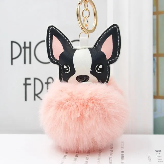 Cute Keychain with Pompom - Puppy Bulldog shape