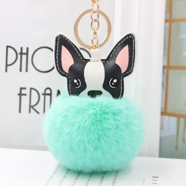 Cute Keychain with Pompom - Puppy Bulldog shape