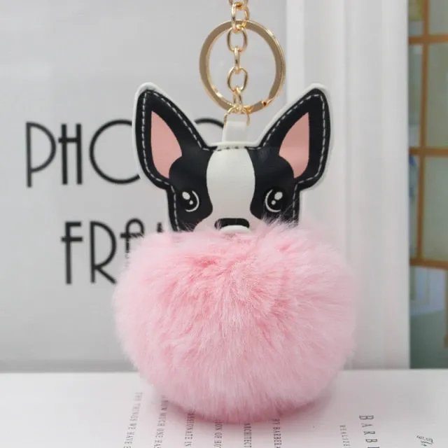 Cute Keychain with Pompom - Puppy Bulldog shape