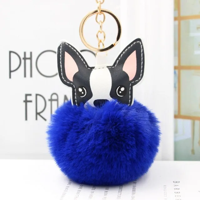 Cute Keychain with Pompom - Puppy Bulldog shape