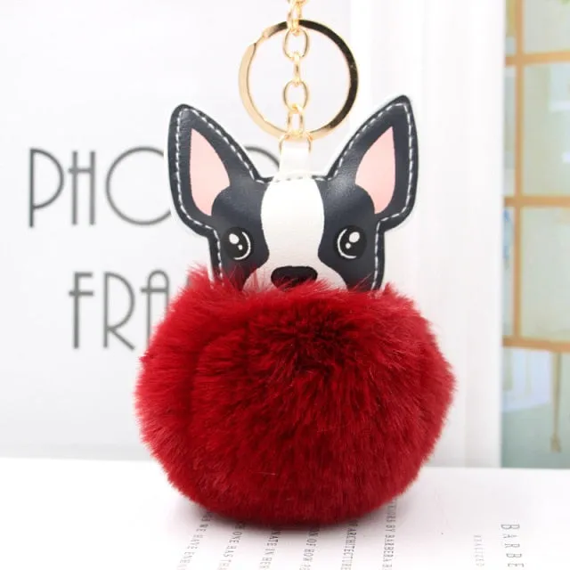 Cute Keychain with Pompom - Puppy Bulldog shape