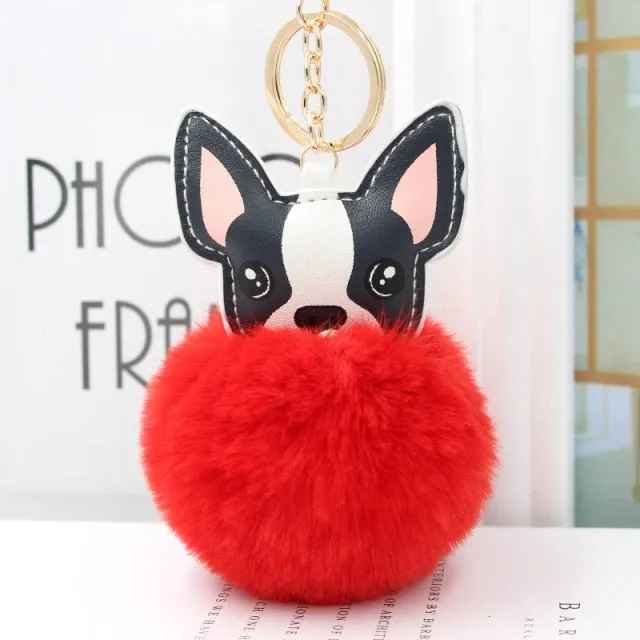 Cute Keychain with Pompom - Puppy Bulldog shape