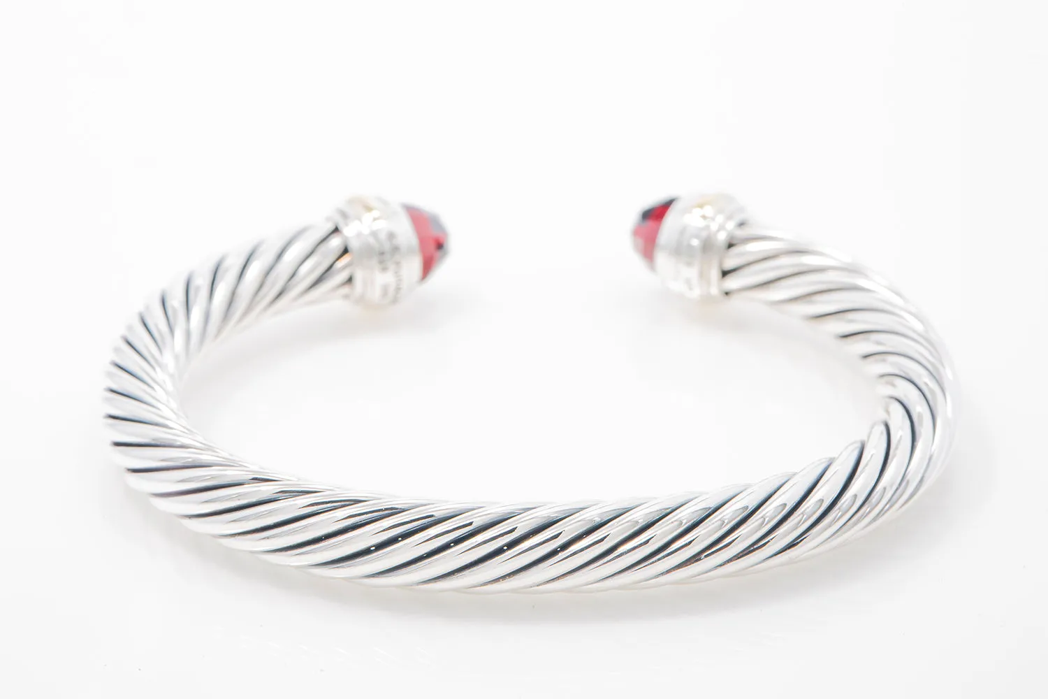 David Yurman 7mm Cable Bangle Bracelet Cuff Red Garnet Sterling Silver 14k 585 6"