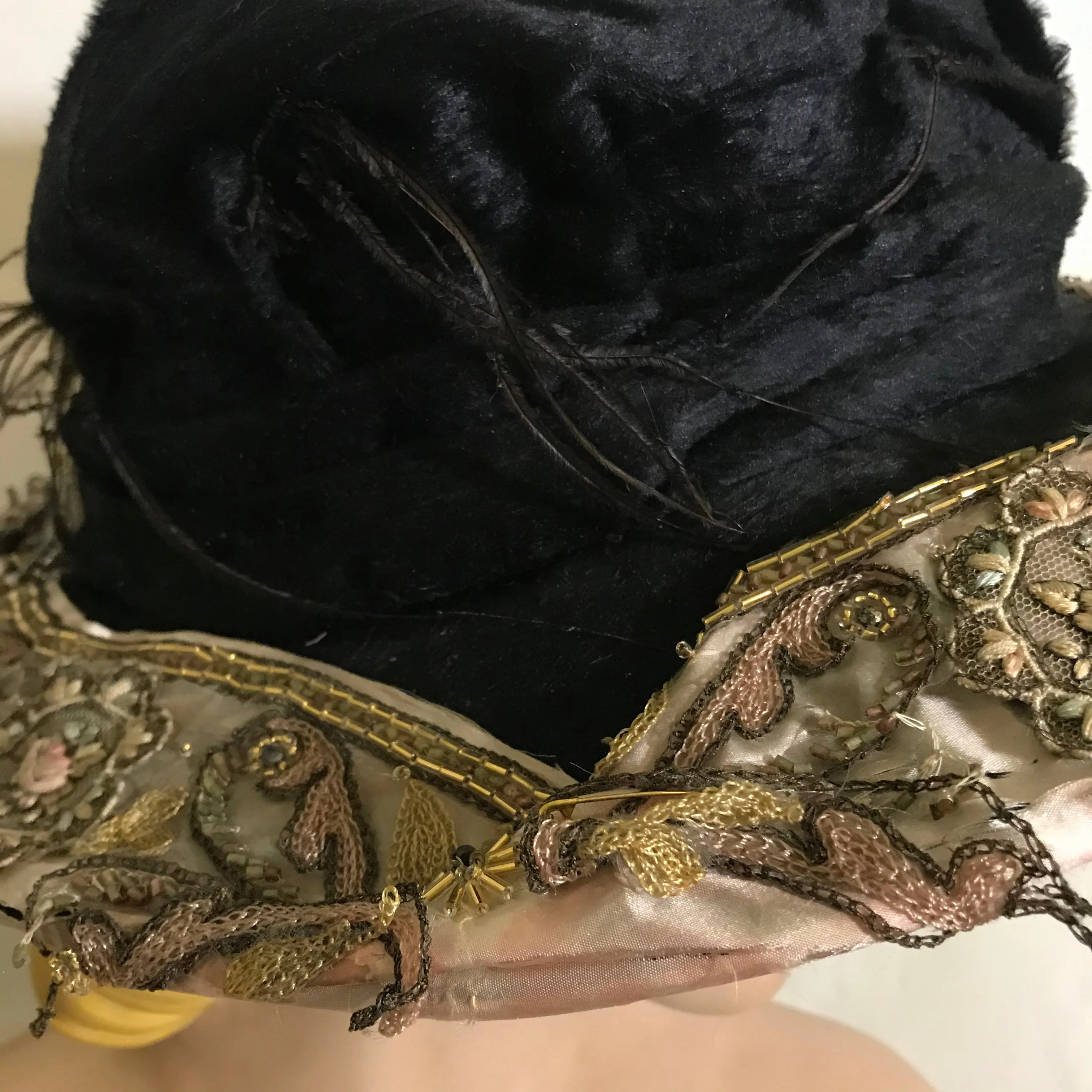 Edwardian Black & Pink Velvet Asymetrical Brim Hat with Beading and Lace circa Early 1900s