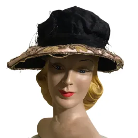 Edwardian Black & Pink Velvet Asymetrical Brim Hat with Beading and Lace circa Early 1900s