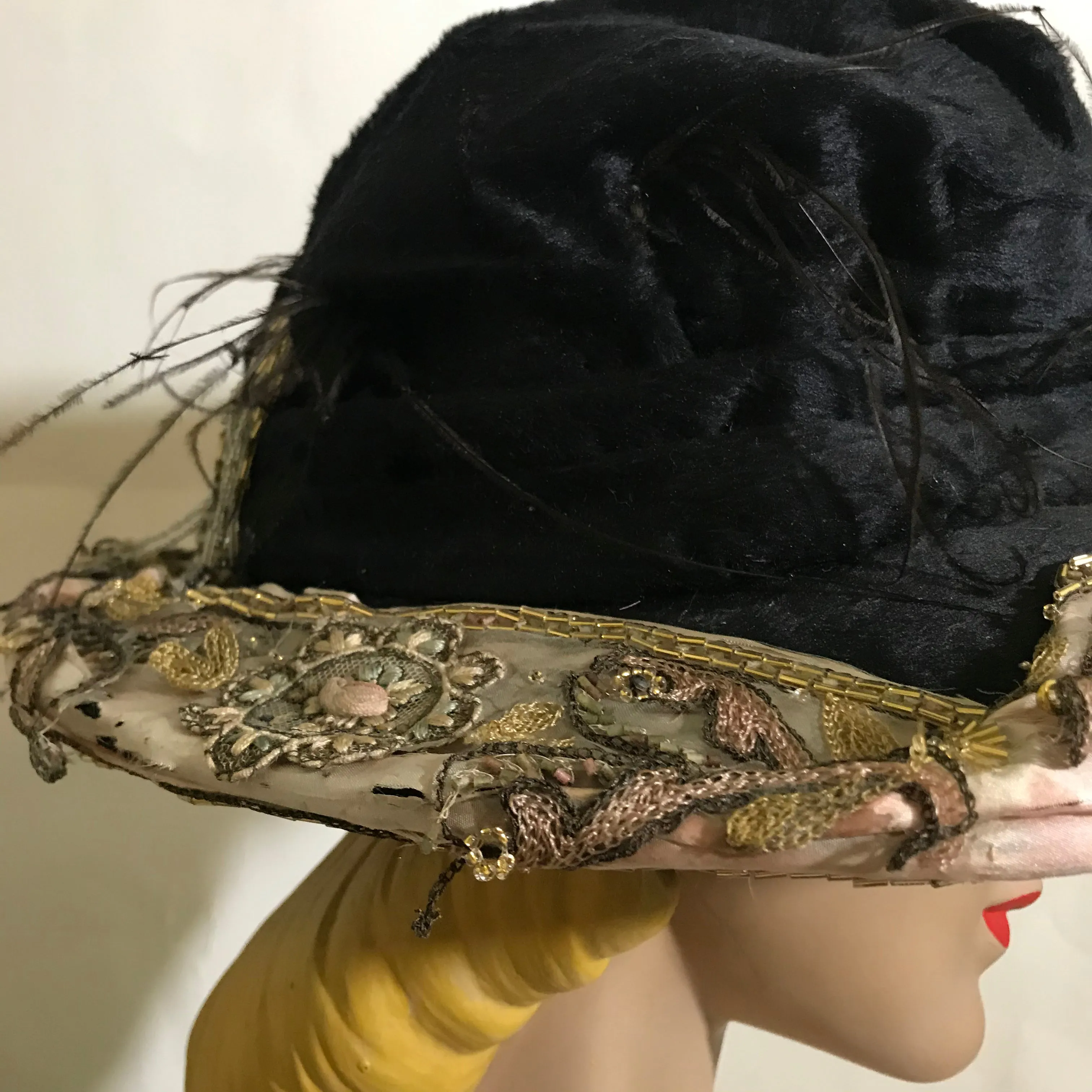 Edwardian Black & Pink Velvet Asymetrical Brim Hat with Beading and Lace circa Early 1900s