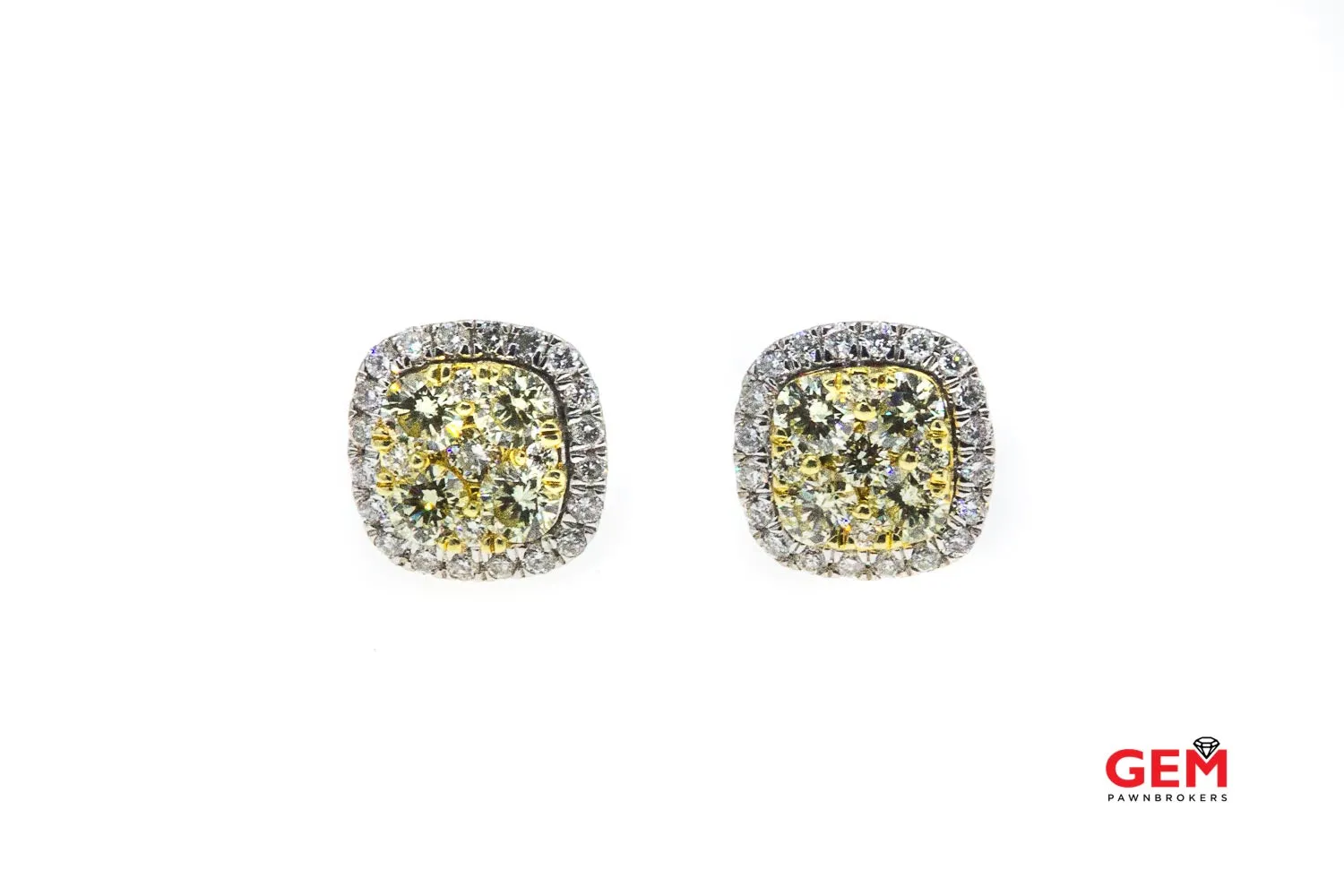 Fancy Yellow Diamond Halo Cluster Earring Screw Stud Pierced Pair Earrings