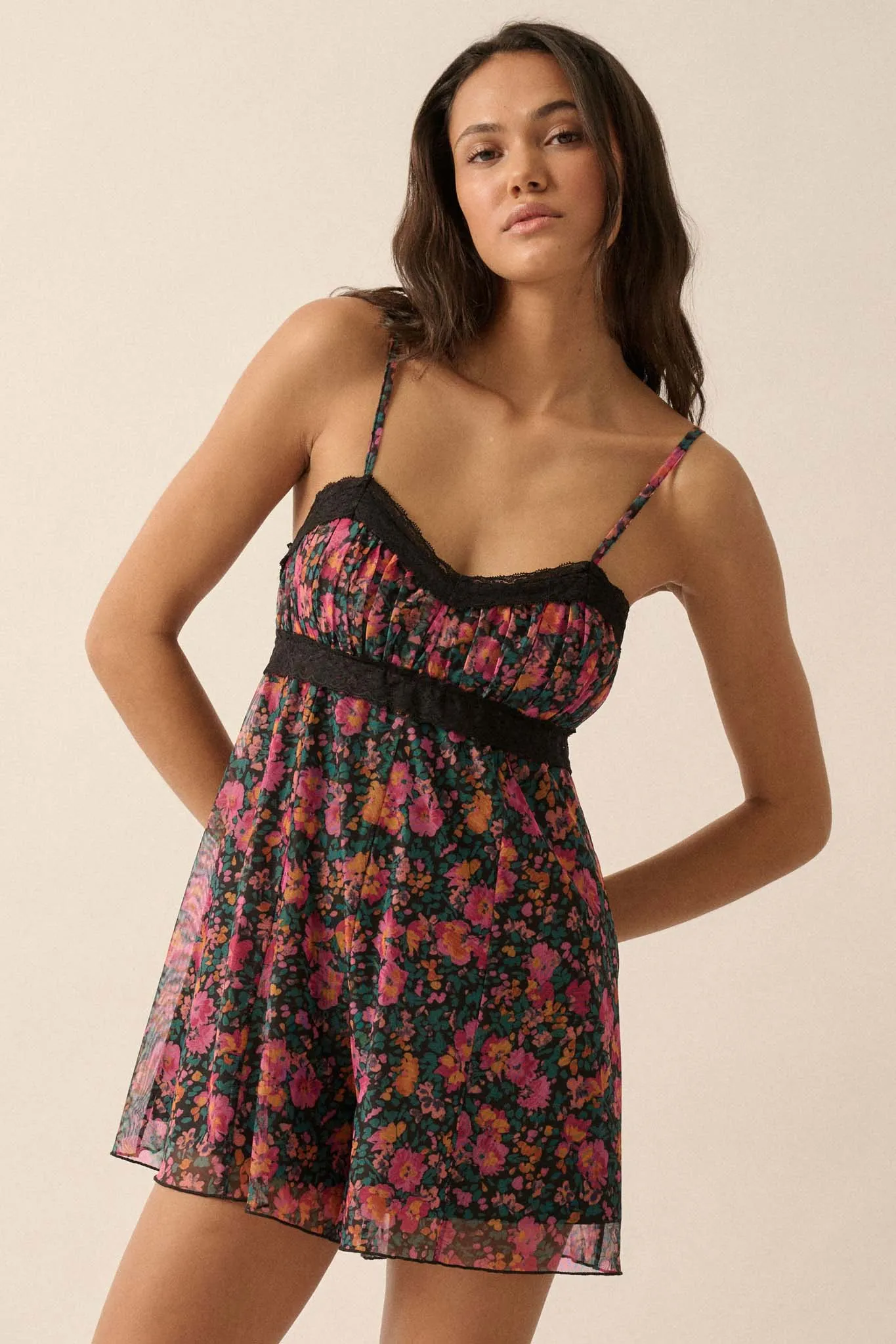 Fantastic Flowers Floral Mesh Babydoll Romper