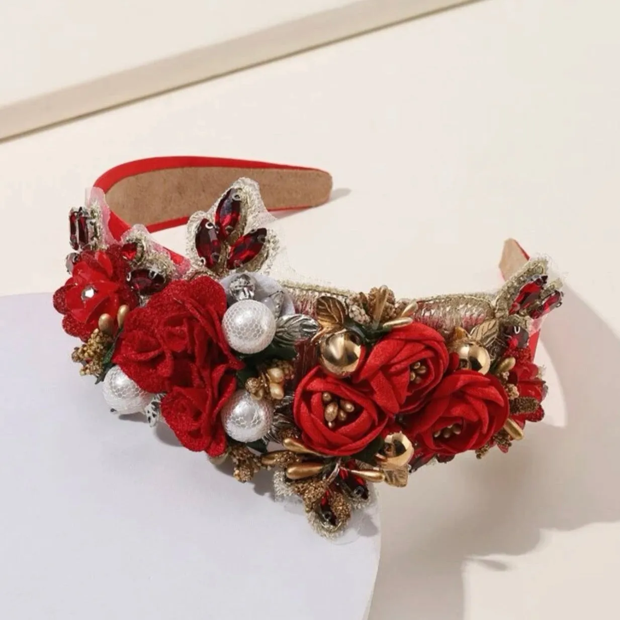 Festive Floral Headband - Handmade Headpiece, Rhinestone Headband, Holiday Headpiece, Beaded Headband