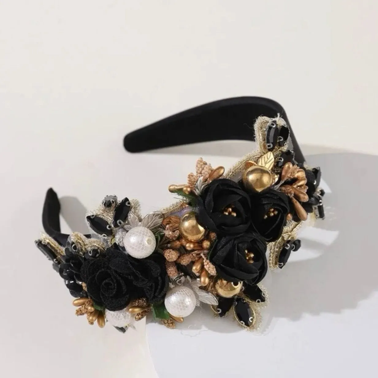 Festive Floral Headband - Handmade Headpiece, Rhinestone Headband, Holiday Headpiece, Beaded Headband