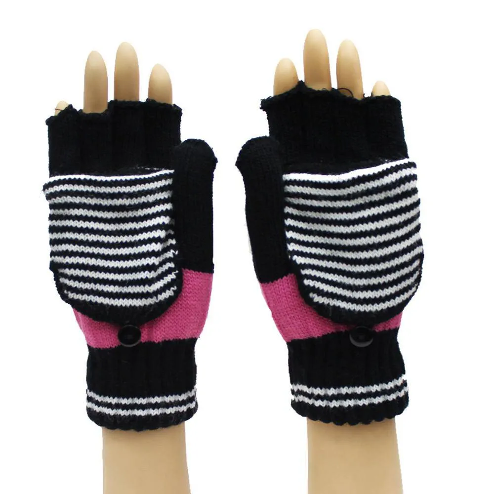 Flip Top Striped Mitten-Black