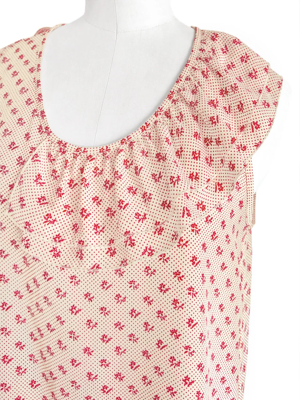 Flower Dotty Print Partial Ruffle Collar Silk Tank