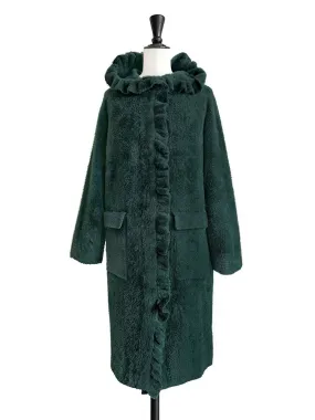 Green Ruffle Trim Mohair Blended Longline Hooded Coatigan