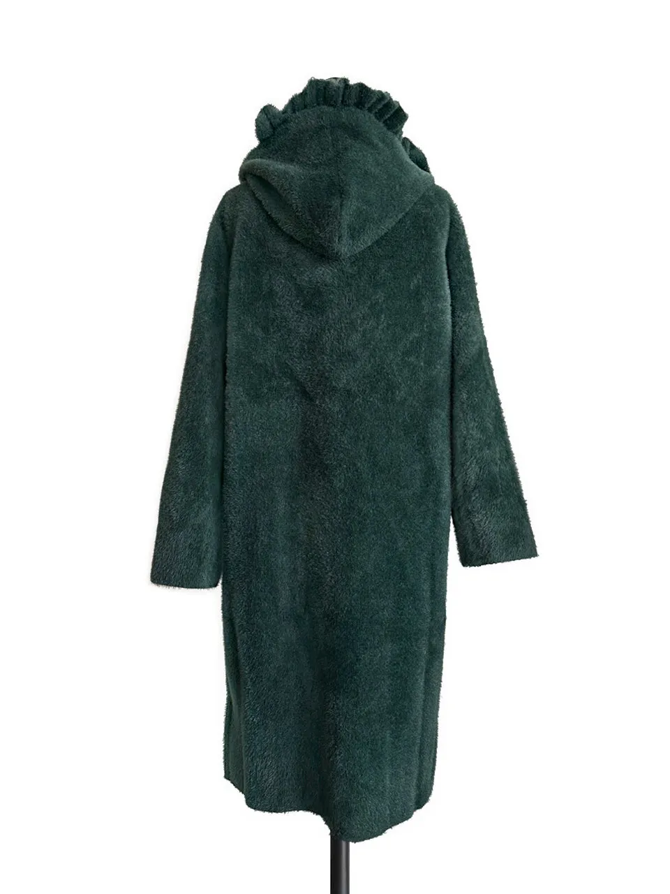 Green Ruffle Trim Mohair Blended Longline Hooded Coatigan