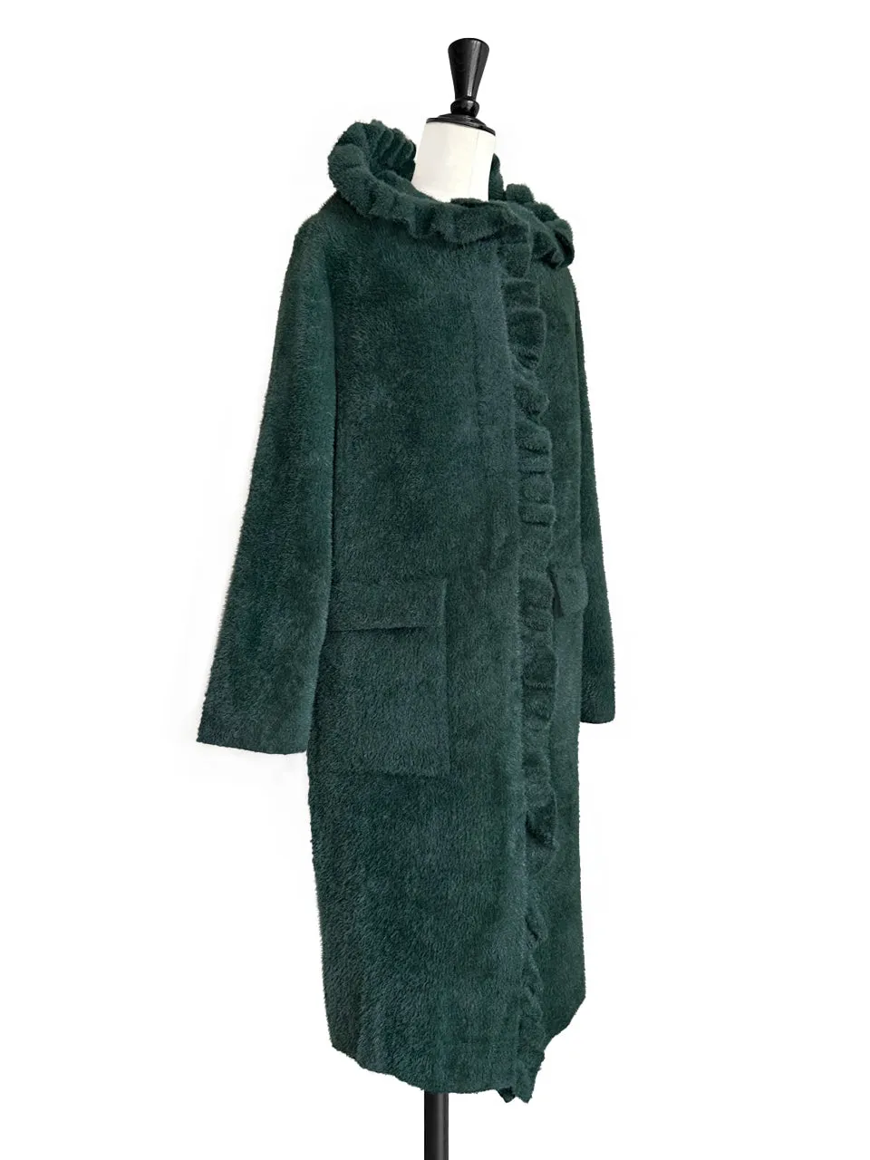 Green Ruffle Trim Mohair Blended Longline Hooded Coatigan