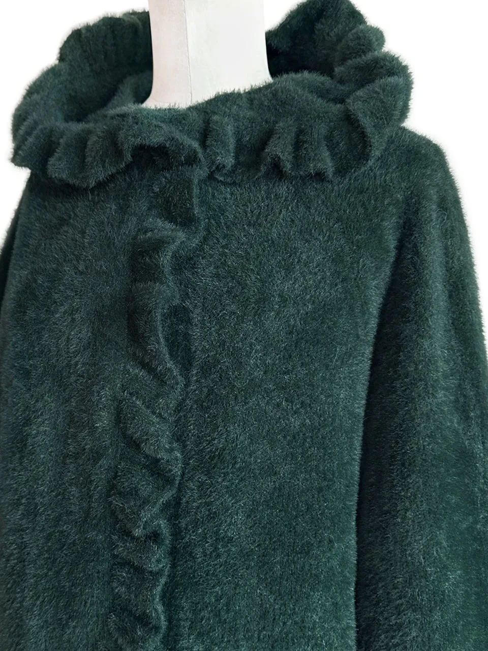 Green Ruffle Trim Mohair Blended Longline Hooded Coatigan